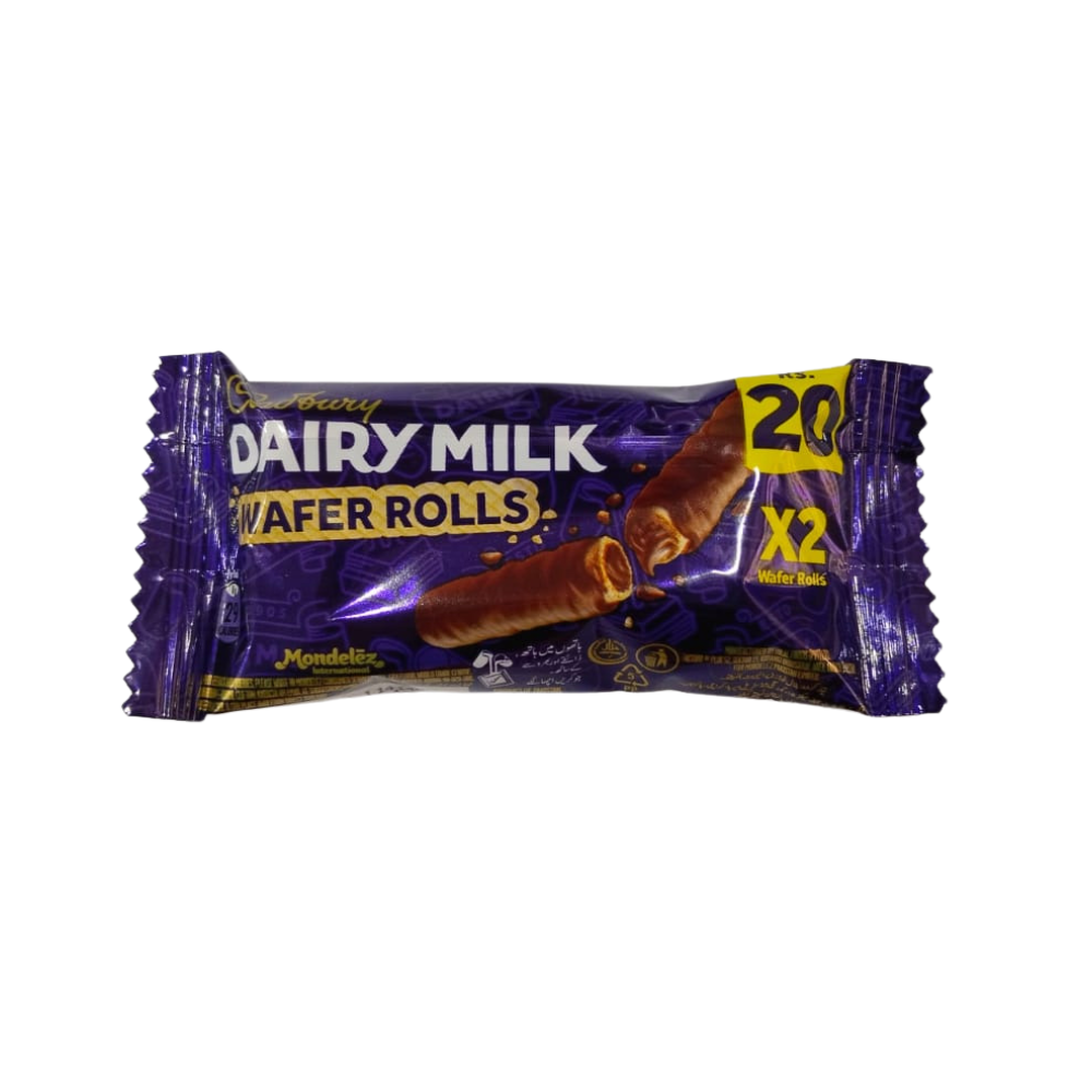 Cadbury Dairy Milk Wafer Rolls 8g Rs 20 pack on white background