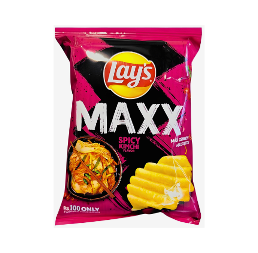 Lay's Maxx Spicy Kimchi flavoured chips 56g pack on white background Main image