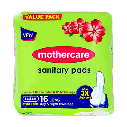 Mothercare Ultra Thin Long sanitary pads pack of 16 on white background