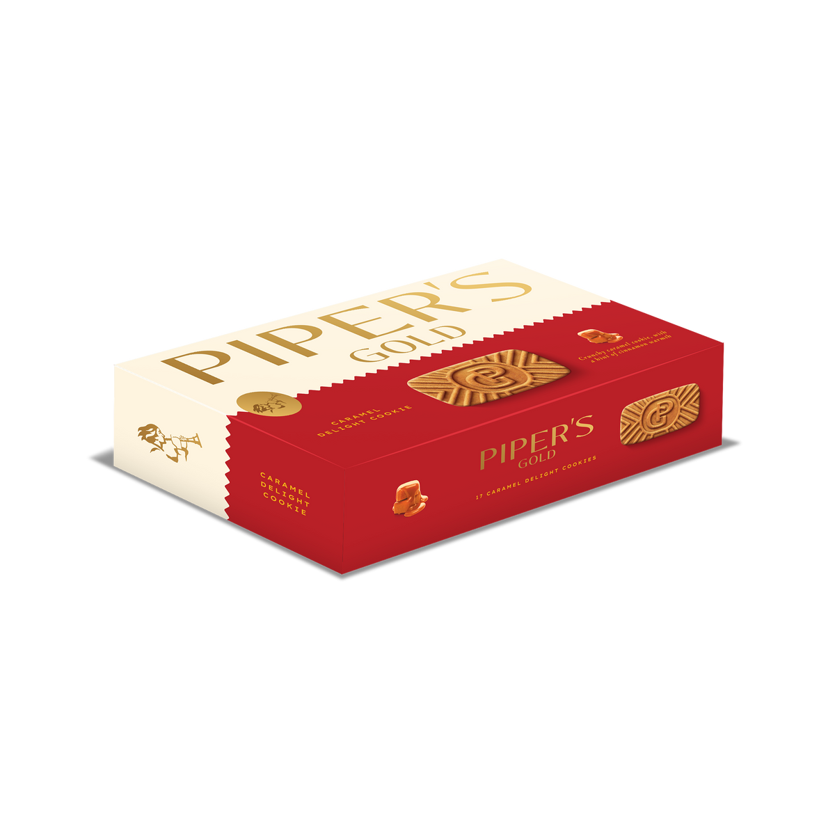 Piper's Gold Caramel Delight cookies family pack box on white background